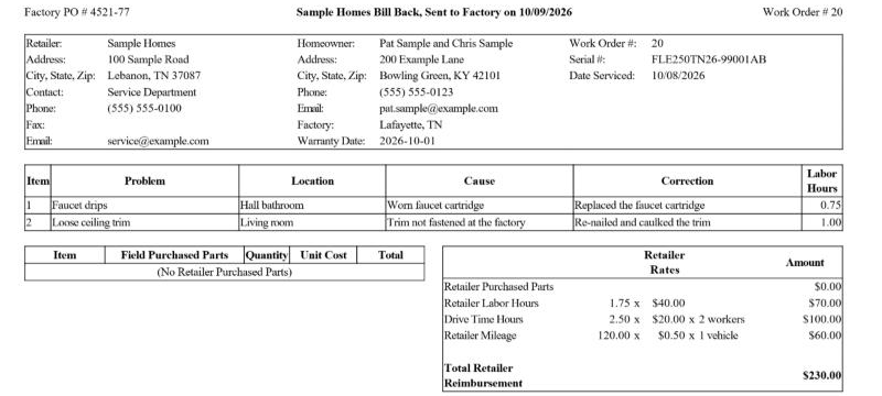 A factory bill-back created from a work order